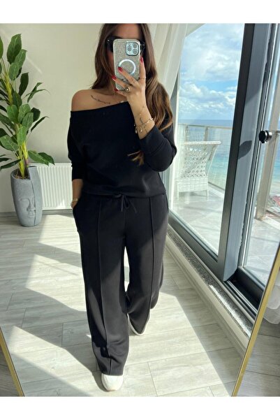 JANES Γυναικείο μακρυμάνικο μονόχρωμο μπλουζάκι και παντελόνι με ανοιχτό ώμο,...