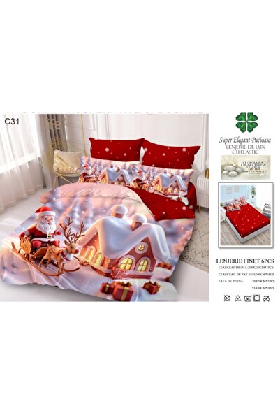 Super Elegant Pucioasa Cotton Bedding Set 6-Piece for 2 (Fitted Sheet 180x200, Duvet 200x230) Santa's House