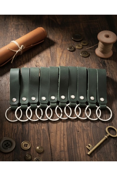 E&F Takı 10 Pcs Khaki Green Genuine Real Leather Key Chain Gift Keyring Accessory