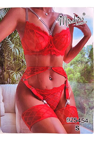 Miss Kiss Set lenjerie intima dama, Miss Kiss, sexy, 3 piese, sutien, chilot, portjartier