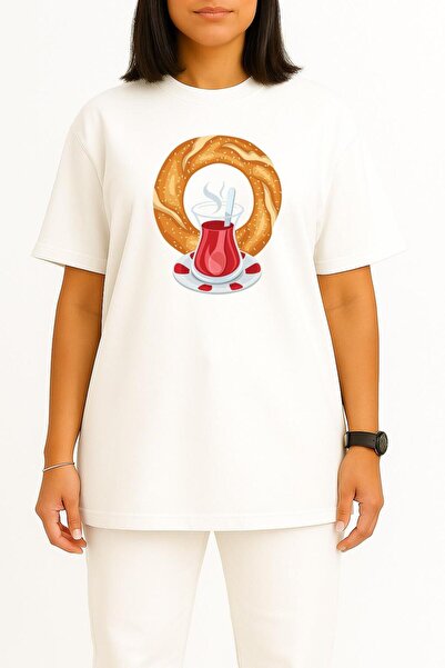 Bahriyeli Collection Oversized Simit and Tea Turkish Breakfast Chest Design Unisex T-Shirt