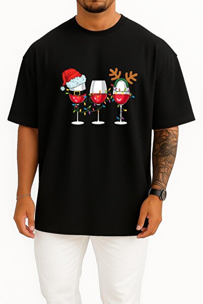 Bahriyeli Collection Oversized New Year's Wine and Hat Chest Design Unisex T-Shirt