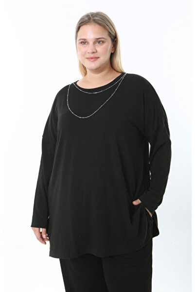 Butik Nilyam Women's Plus Size Crew Neck Long Sleeve Necklace Detail Stretchy Blouse 25007