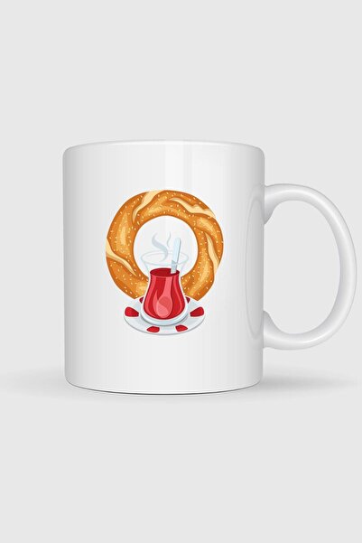 Bahriyeli Collection Simit and Tea Turkish Breakfast Design Mug Cup
