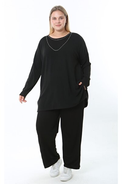 Butik Nilyam Women's Plus Size Crew Neck Long Sleeve Necklace Detail Stretchy Blouse 25007