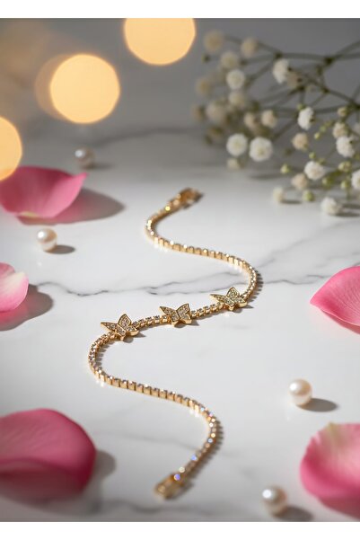 Accessories Zirkon Taşlı İnce Zincir Kelebek Detaylı Gold Rengi Bileklik