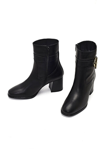 Derimod Women's Black Zippered Thick Heeled Leather Boots 25Wfd163118