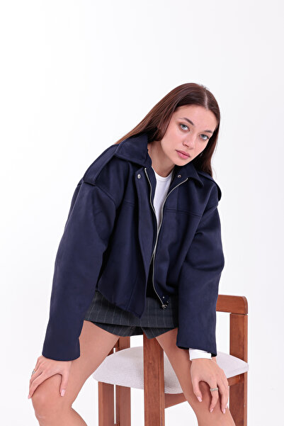 Eseclass supradimensionat JACETĂ BOMBER DE PIELE DE CĂPĂT ALBASTRU ÎNCHIS