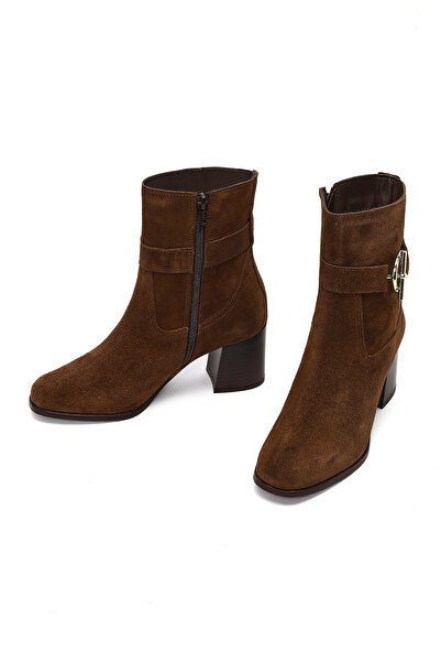 Derimod Women's Tan Zippered Thick Heeled Suede Leather Boots 25Wfd163110