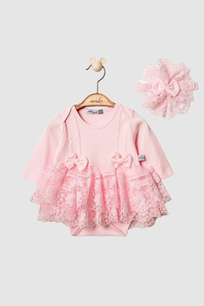 MİNİBORN 3617 Baby Girl Long Sleeve Lace Powder Romper with Ribbon Detail Dress and Headband Set