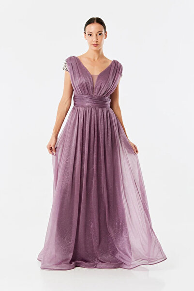 Lakshmi Sparkling light purple evening dress with V-neck front and back, size...