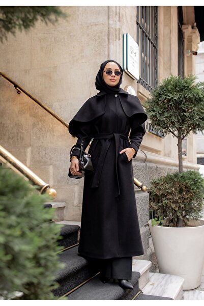 azeemprive Tam Boy Pelerinli Kadın Kaşe Kaban