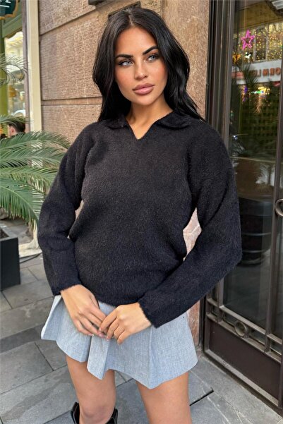 WeShaya Μαύρο πλεκτό πουλόβερ με μαλακή υφή με μακρυμάνικο γιακά πόλο