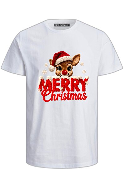 Efendioğlu Design Geyik merry christmas baskılı kısa kollu pamuklu nakış bask...
