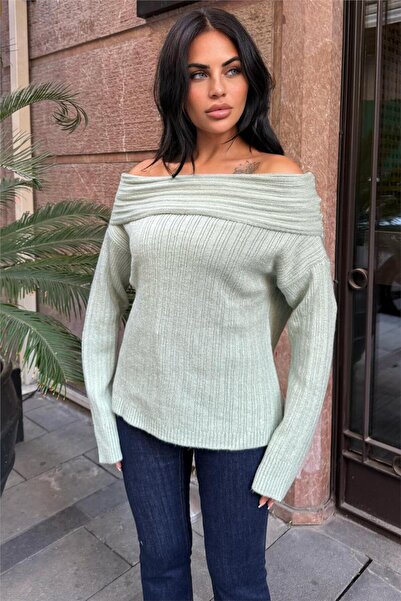 WeShaya Mint Double Layered Madonna Collar, Relaxed Fit , Long Sleeve, Knitwear Sweater Dress