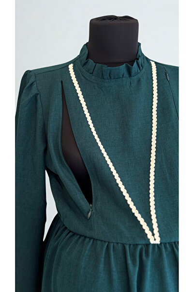 Mamara Hamile ve Emzirme Özellikli Midi Elbise – Uzun Kollu, Zümrüt Keten