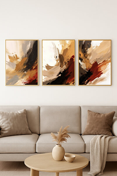 seninürünün Emberra - Pictură modernă din 3 piese cu imprimare a veritabilei imagini, cu cadru metalic din aluminiu auriu