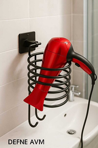 DEFNE AVM Yapışkanlı vidalı siyah fön makinası askısı sac kurutma makinası tu...