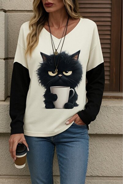 JANES بلوزة نسائية طويلة الأكمام ورقبة على شكل حرف V مطبوعة على شكل قطة