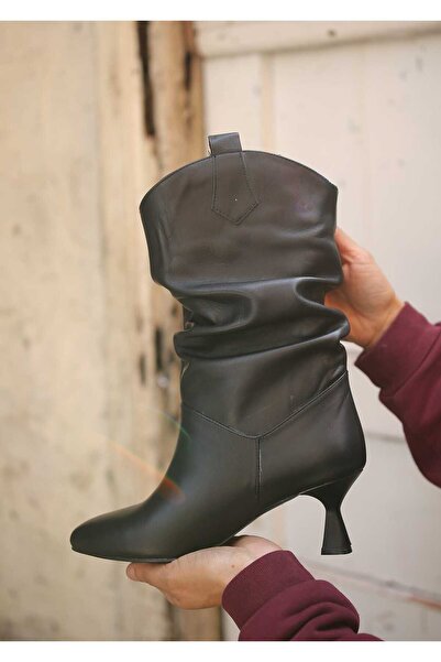 EREN SHOES BAG Varna Genuine Leather Ruched Detail Goblet Heeled Below-The-Knee Boots