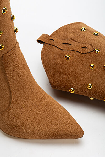 MS SUGAR SHOES Women's Gold Vegan Suede Studded Detailed Pointed Toe Thin Heeled Cowboy Boots