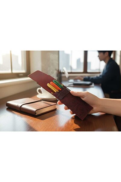 HELİSA ACCESSORİES Genuine Leather Red Pen Holder, Hand-Made Special Design, ...