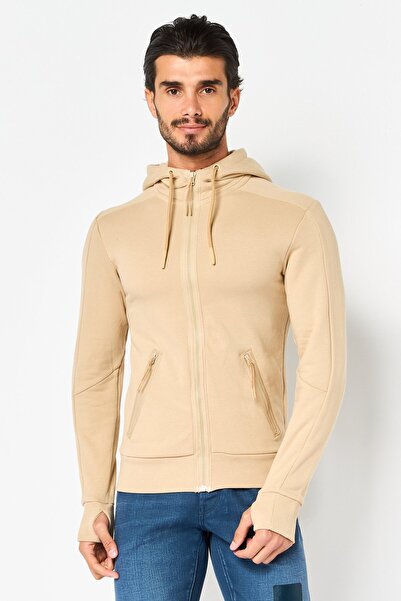 CELIO Men Hooded Solid Long Sleeve Full Zip Jacket, Beige