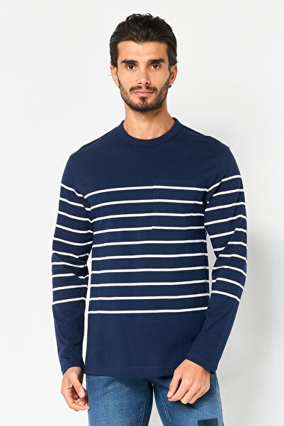 CELIO Men Crew Neck Long Sleeve Stripe T-Shirt, Multicolor