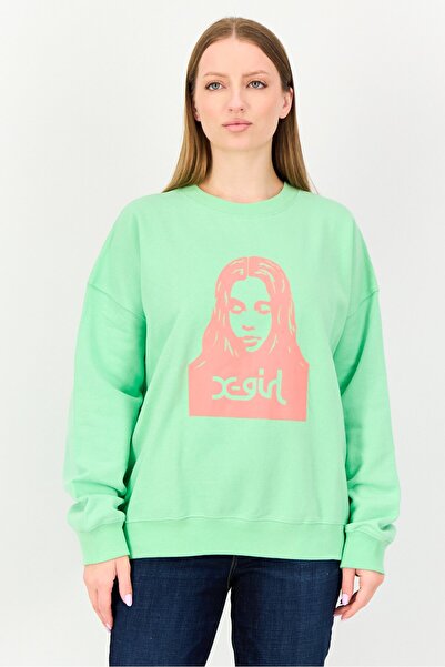 X-Girl Women Ribbed Collar Brand Logo Long Sleeve Sweatshirt, Lime Green