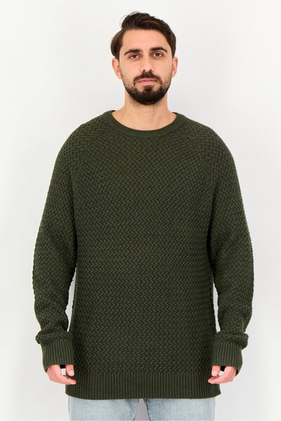 CELIO Men Crew Neck Knitted Sweater, Dark Olive