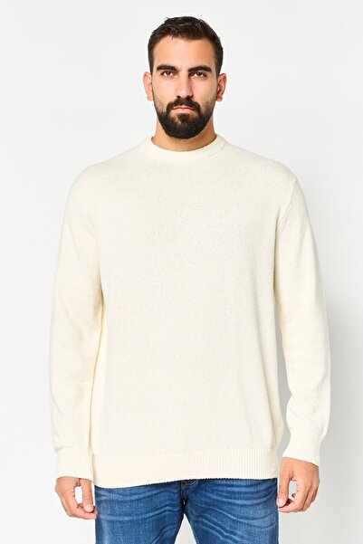 CELIO Men Crew Neck Textured Long Sleeve Sweatshirt, Light Cream
