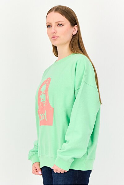 X-Girl Women Ribbed Collar Brand Logo Long Sleeve Sweatshirt, Lime Green