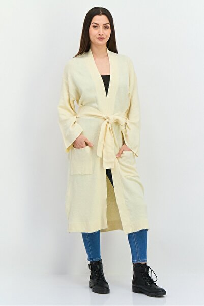 Threadbare Women Split Neck Plain Long Cardigans, Beige