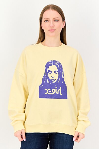 X-Girl Women Ribbed Collar Brand Logo Long Sleeve Sweatshirt, Yellow