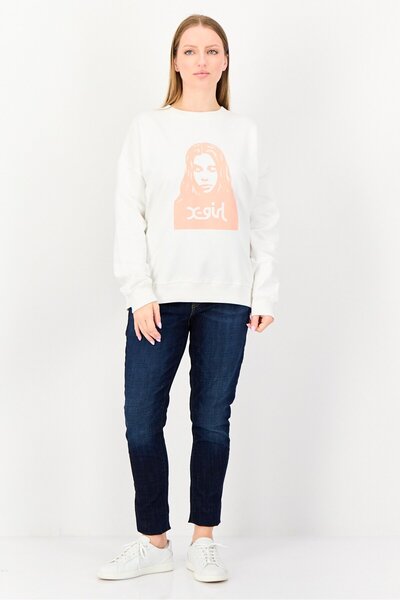 X-Girl Women Ribbed Neck Brand Logo Long Sleeve Sweatshirt, White