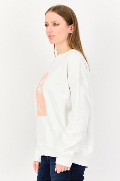 X-Girl Women Ribbed Neck Brand Logo Long Sleeve Sweatshirt, White