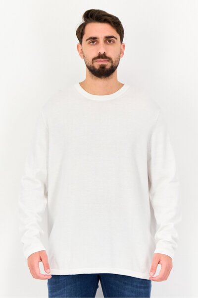 CELIO Men Crew Neck Textured Long Sleeve Sweater, White