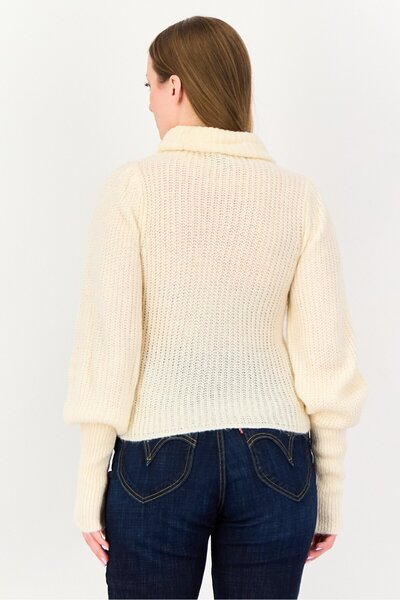 Brave Soul Women Turtle Neck Crochet Sweater, Cream