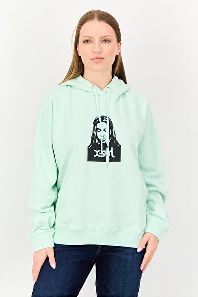 X-Girl Women Graphic Print Long Sleeve Hoodie, Mint Green