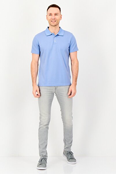 Algspar Men Spread Collar Plain Short Sleeve Polo Shirt, Blue