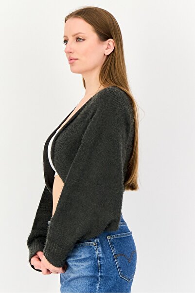 Sadie & Sage Women Split Neck Knitted Cardigan, Charcoal