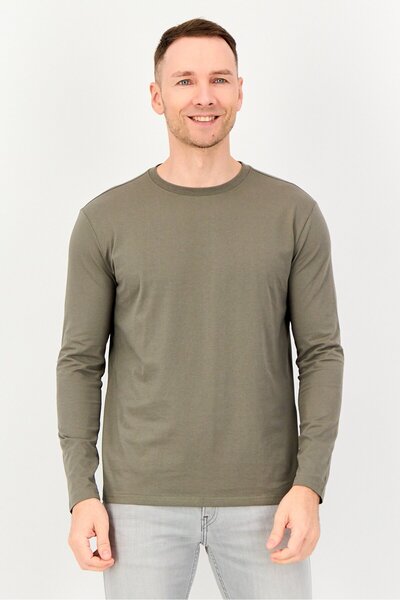 Core Elements Men Crew Neck Plain Long Sleeve T-Shirt, Olive