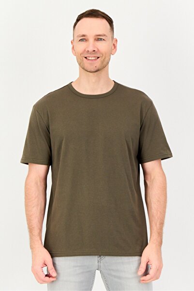 Algspar Men Crew Neck Short Sleeve Solid T-Shirt, Olive