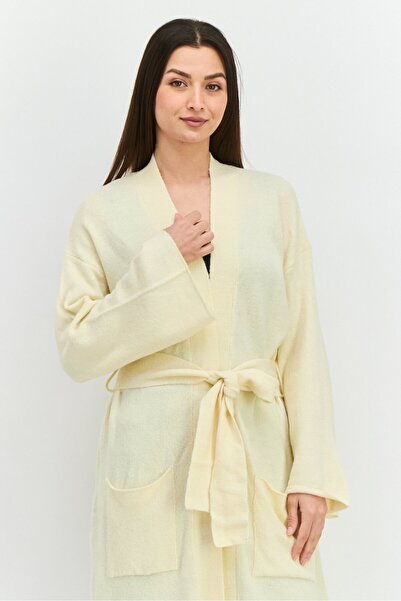 Threadbare Women Split Neck Plain Long Cardigans, Beige