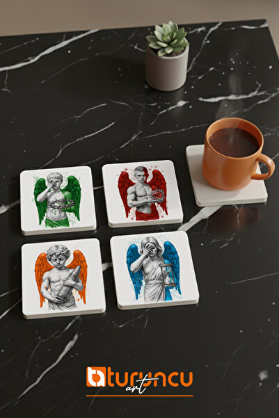 Turuncu Sticker Shadow Wings Series Natural Stone Coaster Set, Home and Office Use 10X10Cm