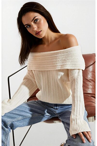 WeShaya Cream-Colored Off-The-Shoulder, Notched Collar Knit Sweater
