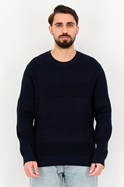 CELIO Men Crew Neck Textured Long Sleeve Sweater, Navy