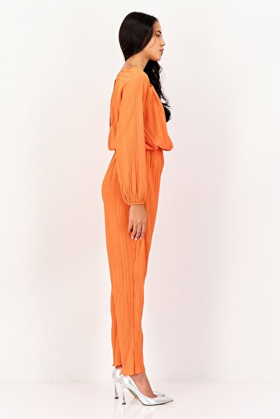PROMOD Women Textured Long Sleeve Jumpsuit, Orange