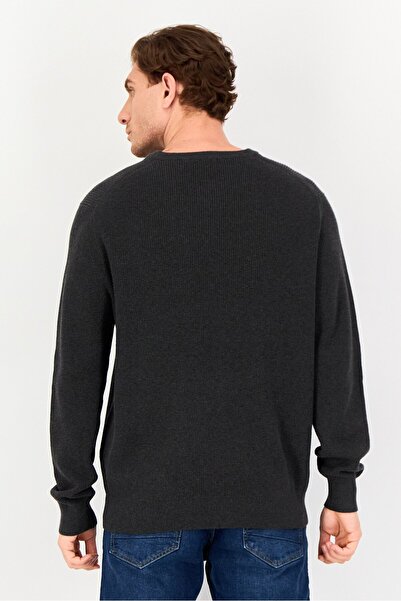 CELIO Men Crew Neck Textured Long Sleeve Sweater, Dark Grey