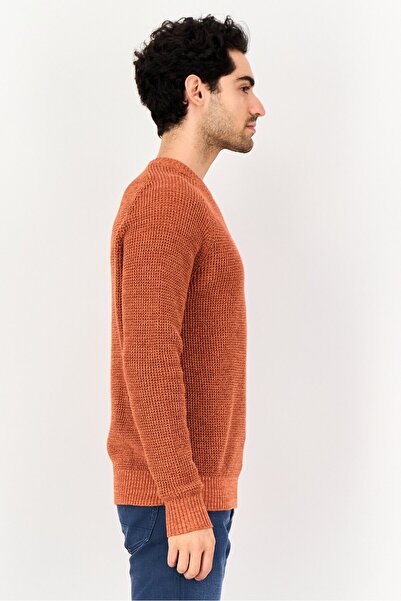 CELIO Men Crew Neck Knitted Long Sleeve Sweater, Orange